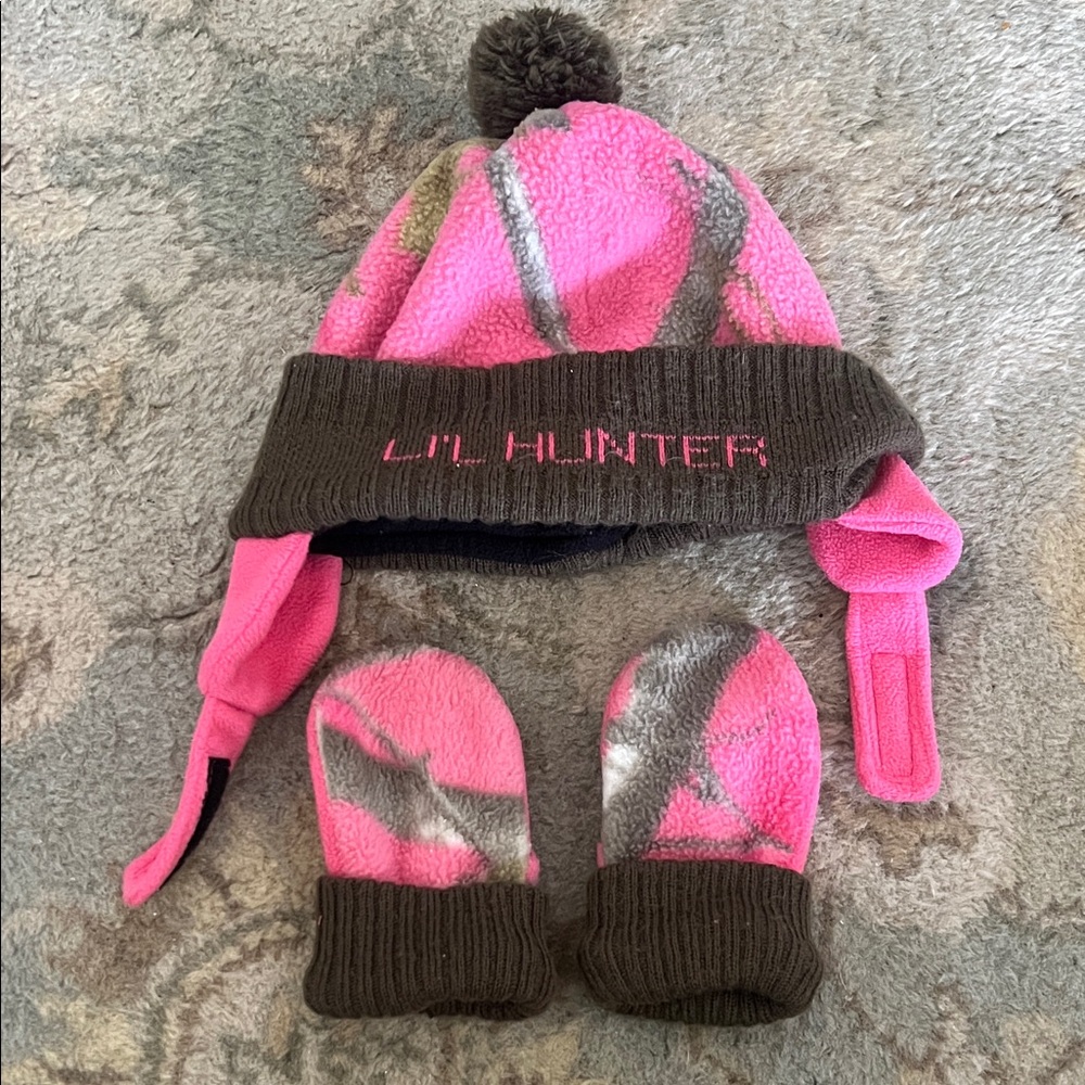 Lil Hunter Pink and Brown Kids Hat and Mittens Set